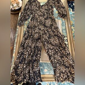 Dress Forum Black Floral Wide-Leg Jumpsuit with Cream Print